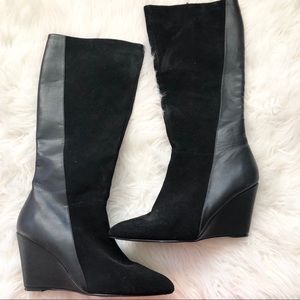 Black Leather knee High Boots 9 9.5 Wedge heel booties wedges